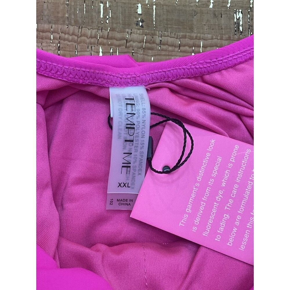 Tempt Me Hot Pink High Neck Plunge Keyhole Ruched One Piece Swimsuit Size XXL - Picture 3 of 6